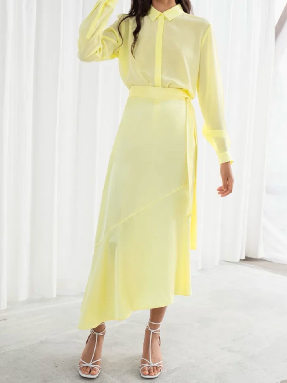 & Other Stories Asymmetric Satin Midi Skirt - Butter Yellow - Size 0